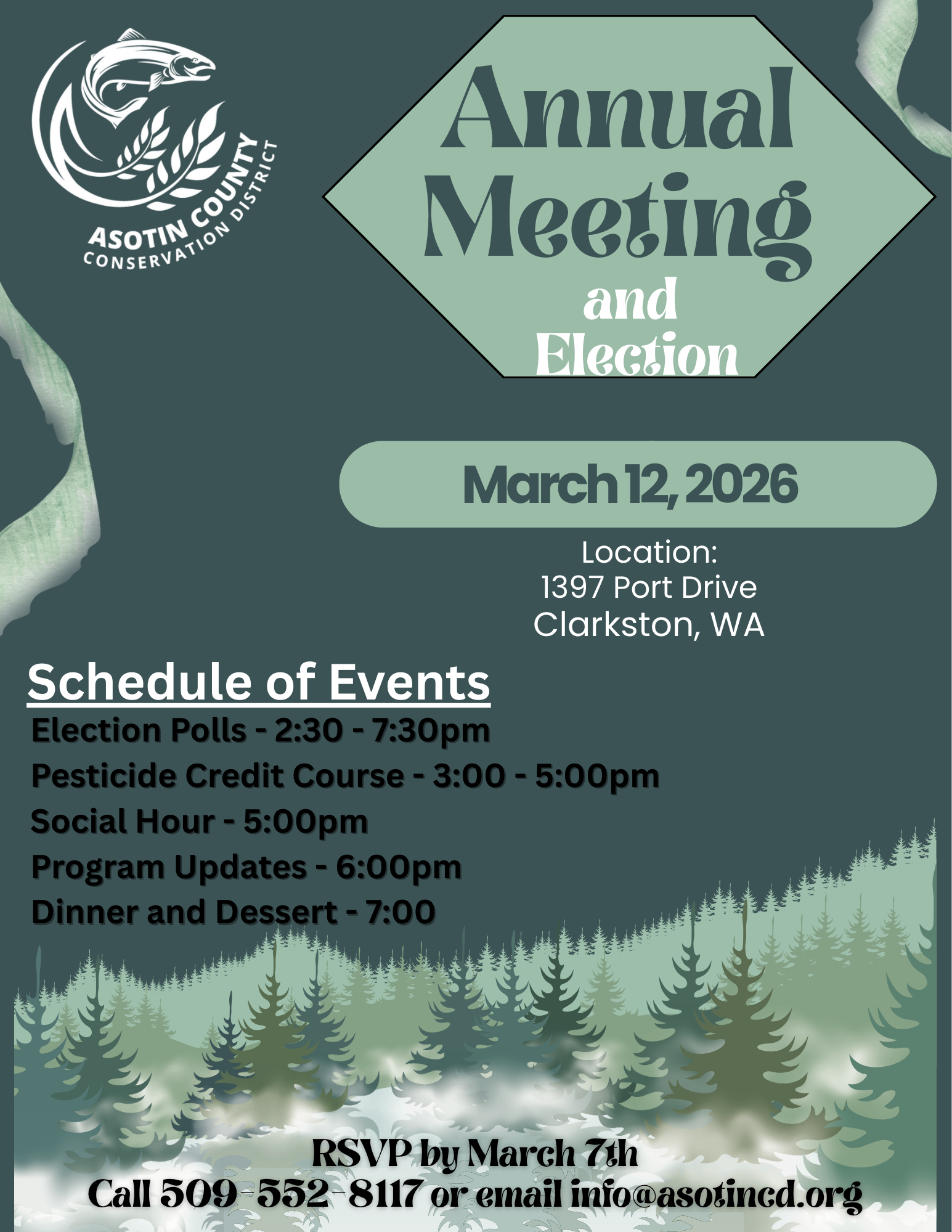 ACCD Annual Meeting and Election Flyer. March 12, 2026 5:30 pm, at 1397 Port Drive, Clarkston WA 99403. Election polls open 2:30-5:30pm PST. Pesticide credit course: 3:00-5:00pm. Annual meeting: 5:30pm-8pm.